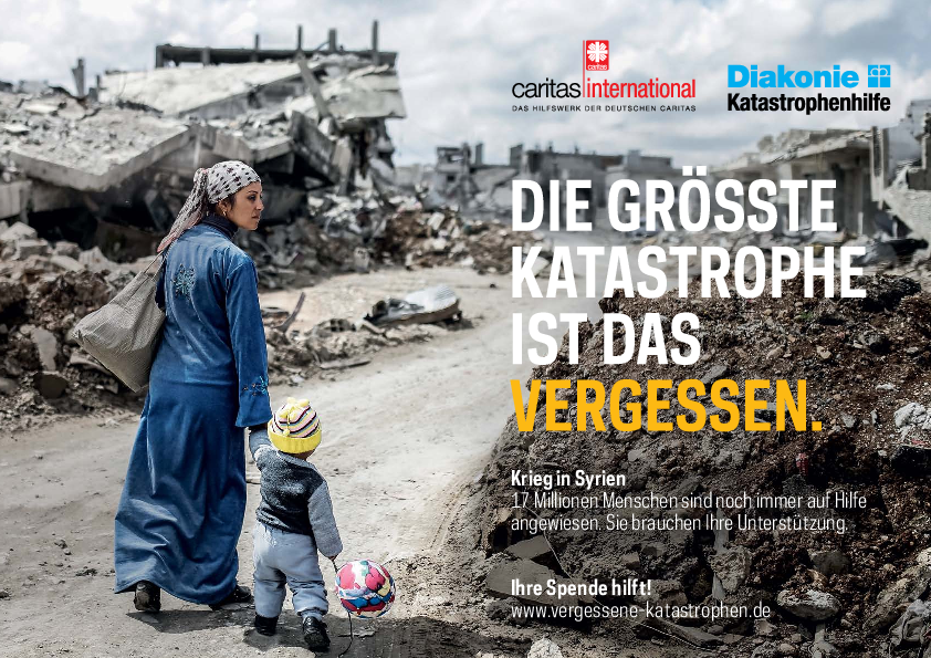 Mit diesem Plakatmotiv werben die beiden kirchlichen Hilfswerke Diakonie Katastrophenhilfe und Caritas International bei ihrer Sommeraktion um Unterstützung für die vom jahrelangen Bürgerkrieg schwer in Mitleidenschaft gezogene syrische Bevölkerung.