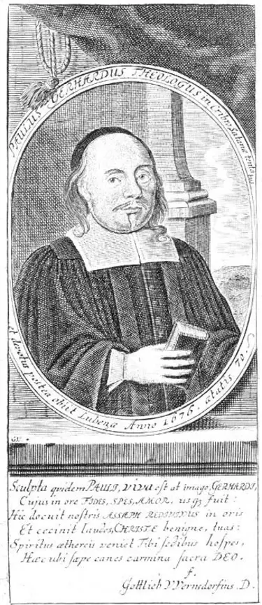 Paul Gerhardt, hier lateinisch Paulus Gerhardus, auf einem Kupferstich aus dem 17. Jahrhundert aus der Bildersammlung des evangelischen Predigerseminars Wittenberg.
