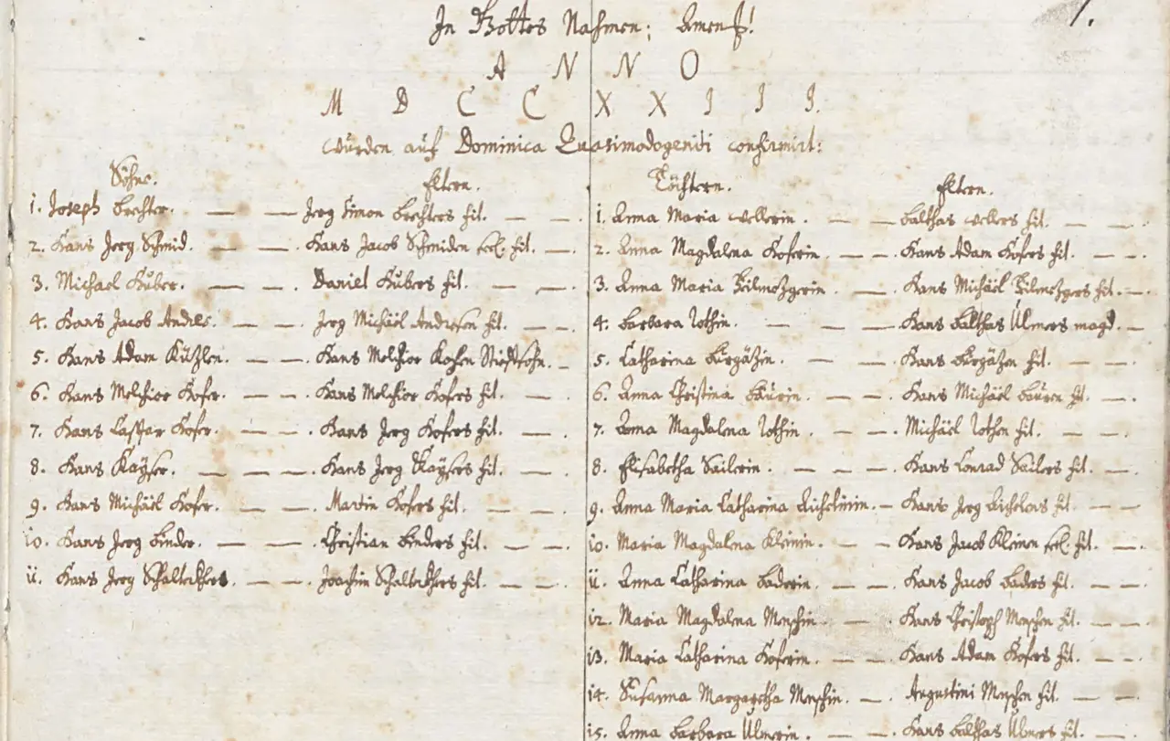 Das Register der Konfirmanden in Pleidelsheim aus dem Jahr 1723.