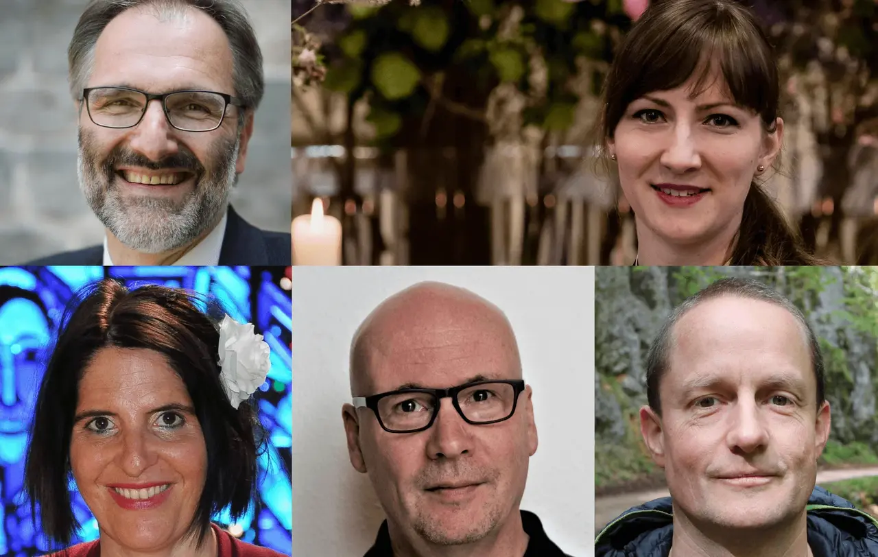 Landeskirchenmusikdirektor Matthias Hanke, Pfarrerin Sara Stäbler, Pfarrerin und Preacher-Slammerin Sabine Löw, der Beauftragte für Kunst der Evangelischen Landeskirche in Württemberg, Johannes Koch,  und der Beauftragte für Sport der Evangelischen Landeskirche in Württemberg, Philipp Geißler (v. l. n. r.)