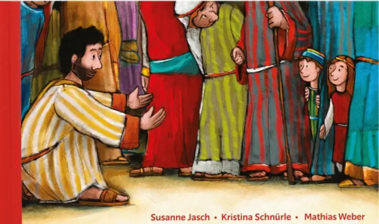Jesus mit den Kindern auf Augenhöhe.