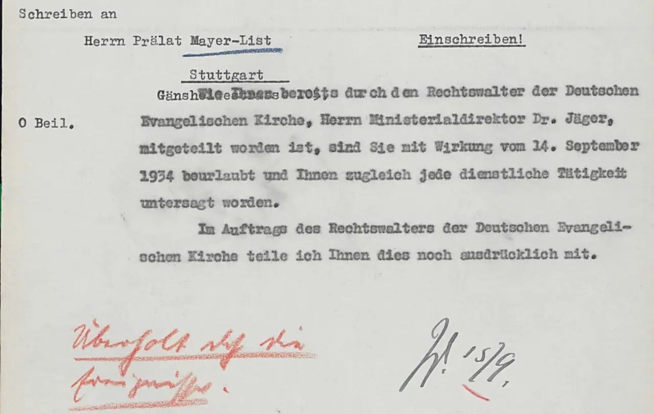 Mit diesem Schreiben wurde Max Mayer-List 1934 von den Nazis beurlaubt, um eine deutschchristliche Kirchenleitung durchzusetzen.