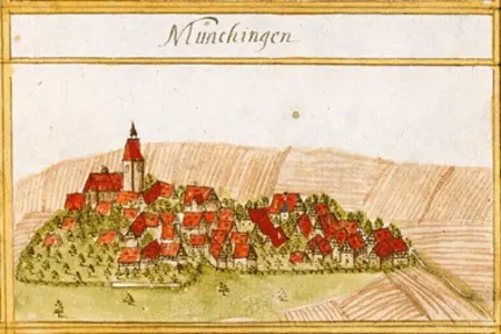 Beata Regina Hahn wuchs in Münchingen auf und verbrachte dort ihre letzten Lebensjahre. Die Abbildung von Münchingen stammt aus der Forstkarte von Andreas Kieser, die in den Jahren 1680 bis 1687 entstand.