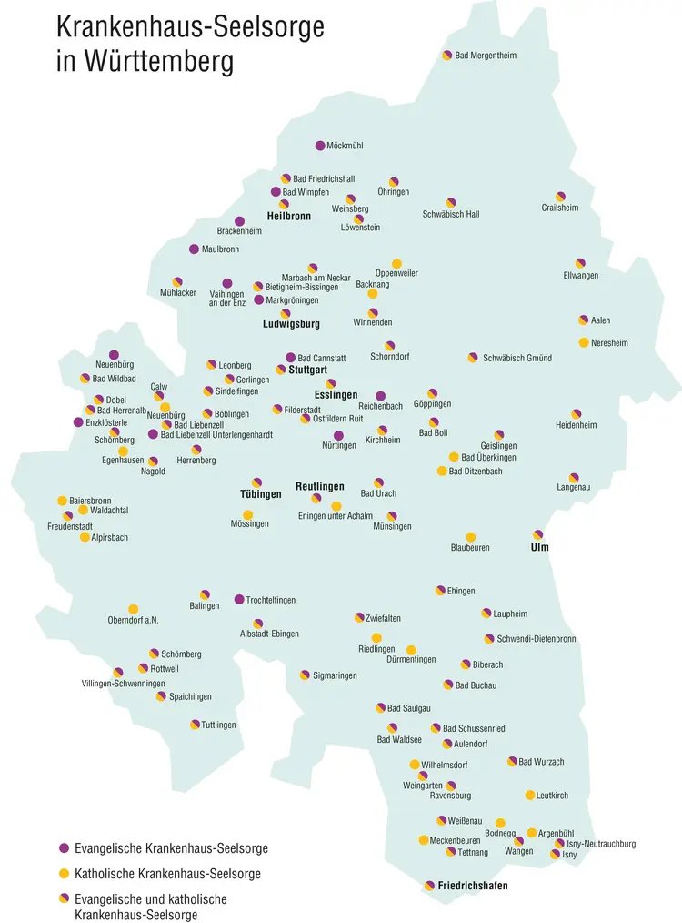 Insgesamt sind die beiden großen christlichen Kirchen Württembergs an mehr als 100 Standorten mit Krankenhaus-Seelsorge vertreten.