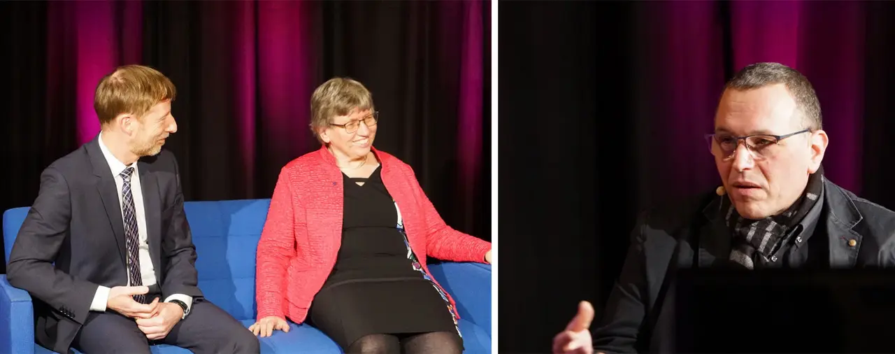 Die scheidende Synodenpräsidentin Inge Schneider und ihr Stellvertreter Johannes Eißler ziehen im Gespräch mit Moderator Tobias Glawion Bilanz über die zu Ende gehende Amtszeit.