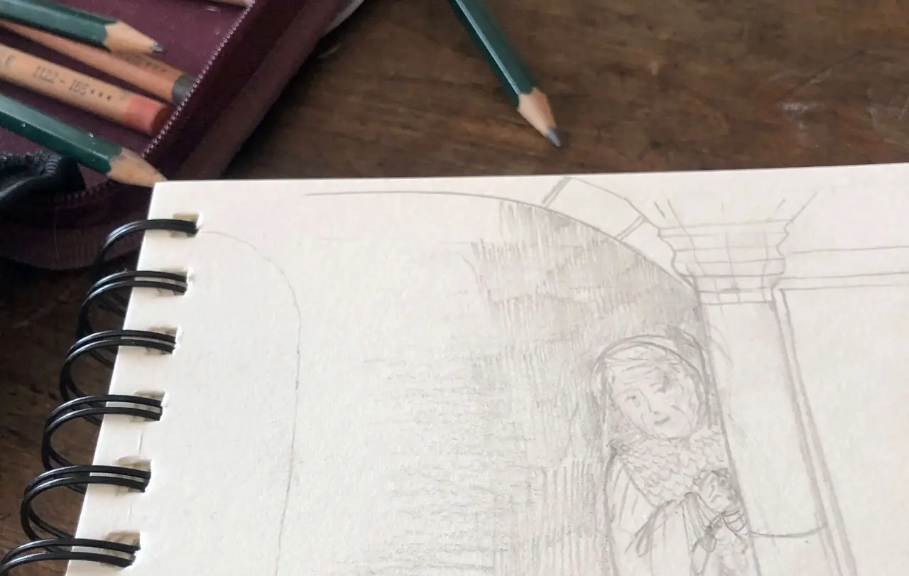 Der Zeichenblock von Vikarin Charlotte Horn mit der Skizze der Zeichnung von Hanna.