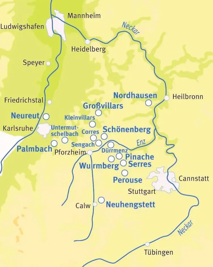 Karte der von 1699 bis 1701 gegründeten Waldenserkolonien in Württemberg.