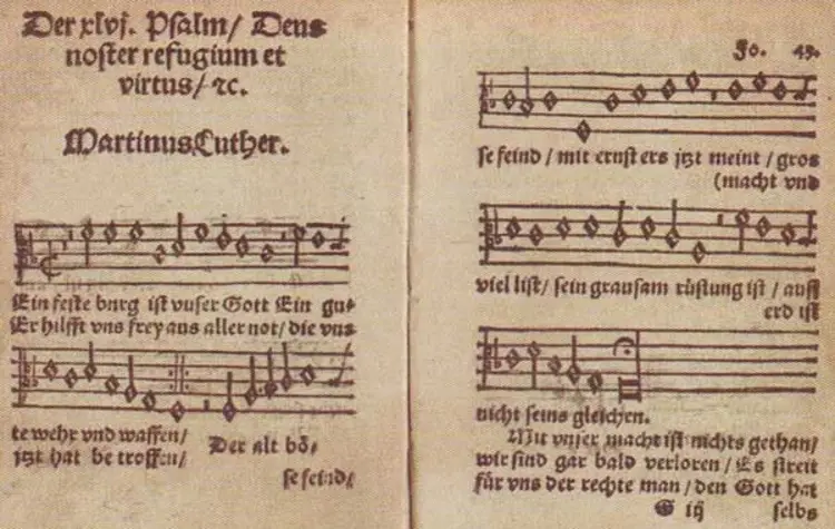 Martin Luthers „Eine feste Burg ist unser Gott“ in: Geistliche Lieder aufs Neue gebessert zu Wittenberg gedruckt von Joseph Klug 1533.