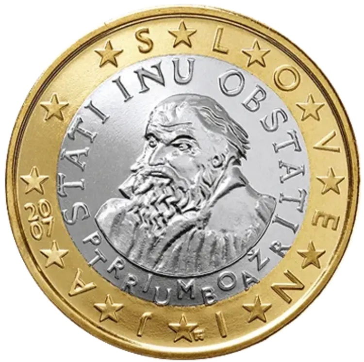 Primož Trubar auf der Rückseite der slowenischen 1-Euro-Münze